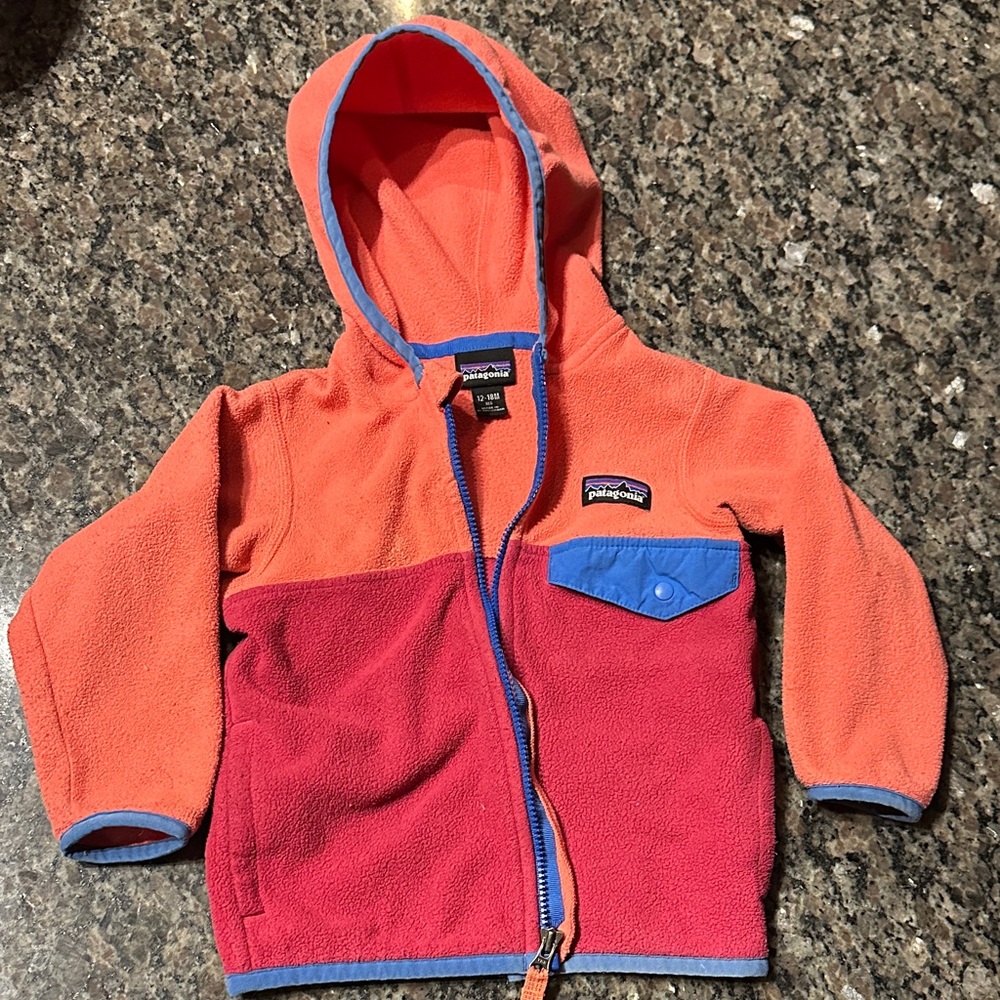 Patagonia Kids' Vibrant Orange and Pink zip up Hoodie 12-18 months